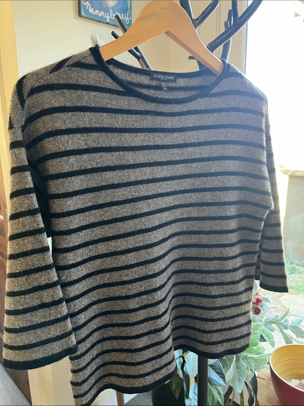 Eileen Fisher wool and yak 3/4 length sleeve striped sweater